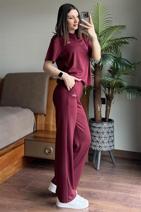 Bordo Alo Baskılı Kısakollu Pantolonlu Takım