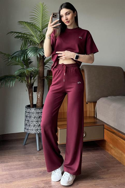 Bordo Alo Baskılı Kısakollu Pantolonlu Takım
