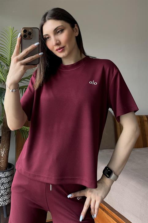 Bordo Alo Baskılı Kısakollu Pantolonlu Takım