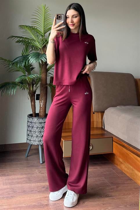 Bordo Alo Baskılı Kısakollu Pantolonlu Takım