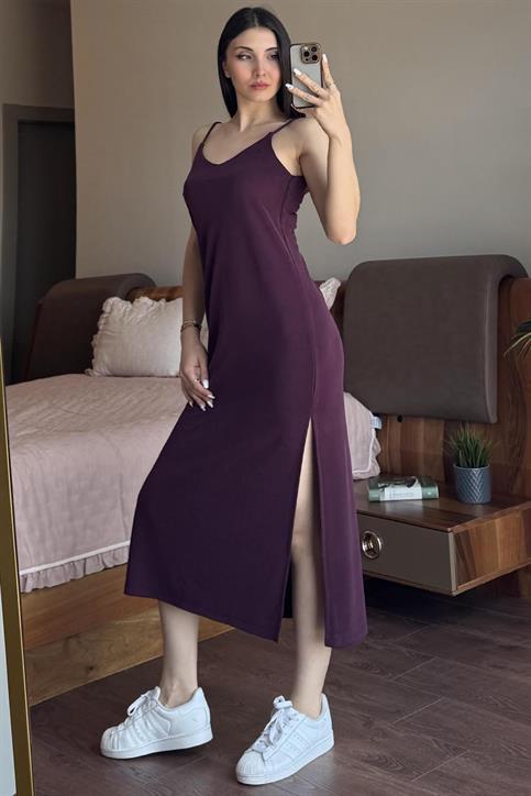 Bordo Askılı Pike Modal Elbise