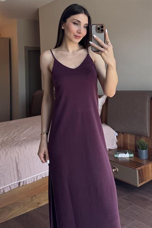 Bordo Askılı Pike Modal Elbise