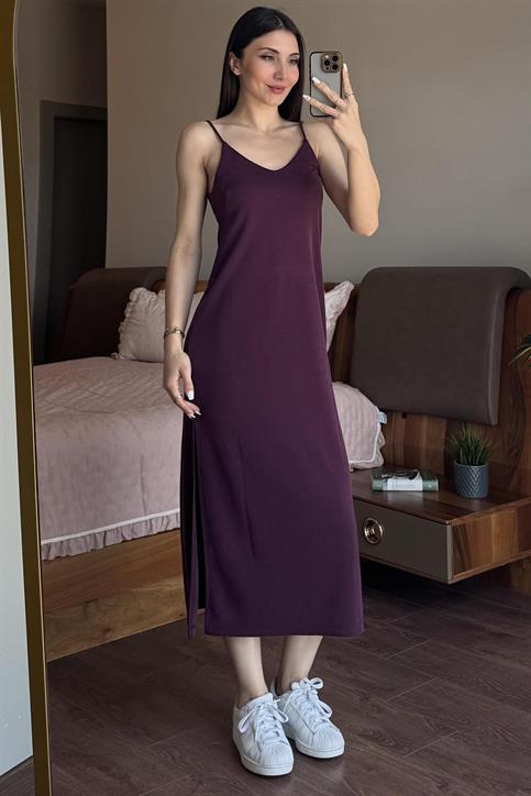 Bordo Askılı Pike Modal Elbise