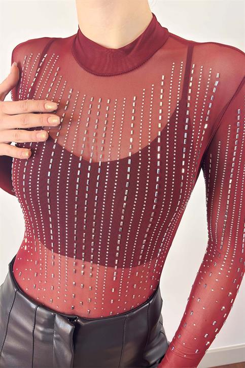 Bordo Baget Taşlı Transparan Bodysuit