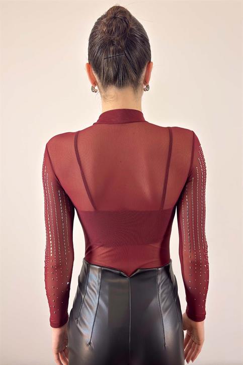 Bordo Baget Taşlı Transparan Bodysuit
