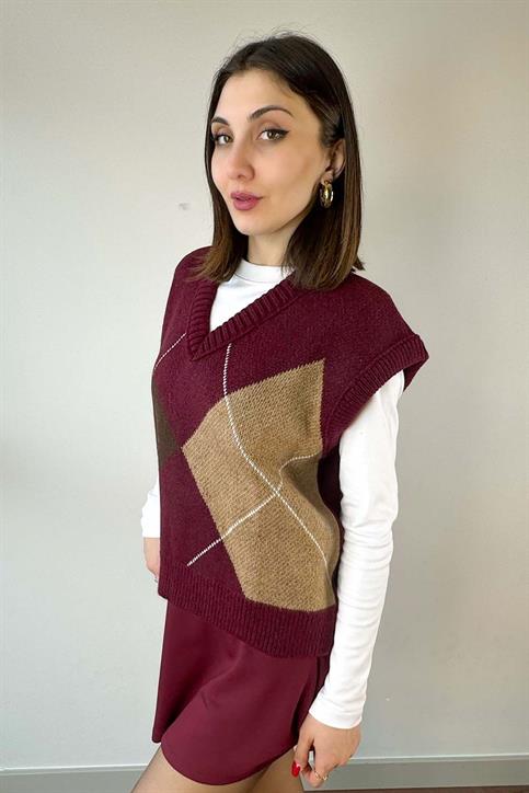 Bordo Baklava Desen Oversize Süveter