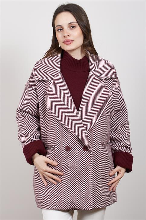 Bordo Balıksırtı Desenli Astarlı ve Cepli Kaşe Kaban
