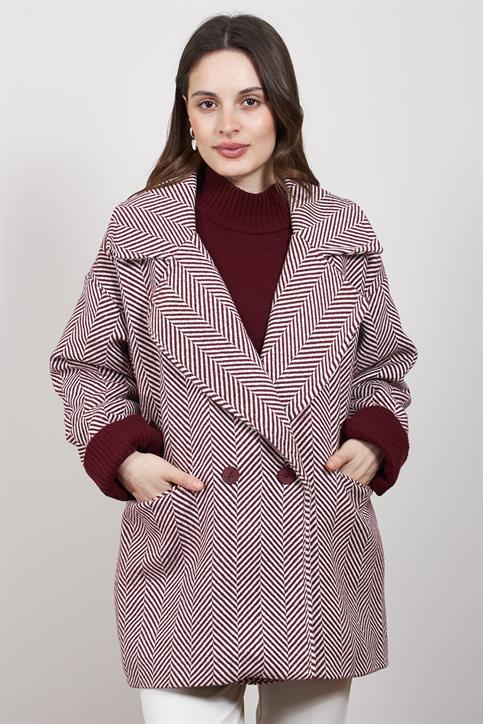 Bordo Balıksırtı Desenli Astarlı ve Cepli Kaşe Kaban