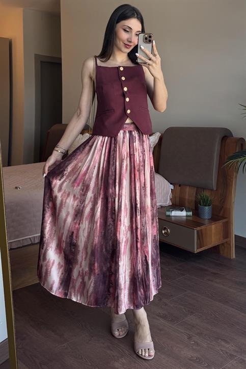 Bordo Batik Desen Midi Boy Saten Etek