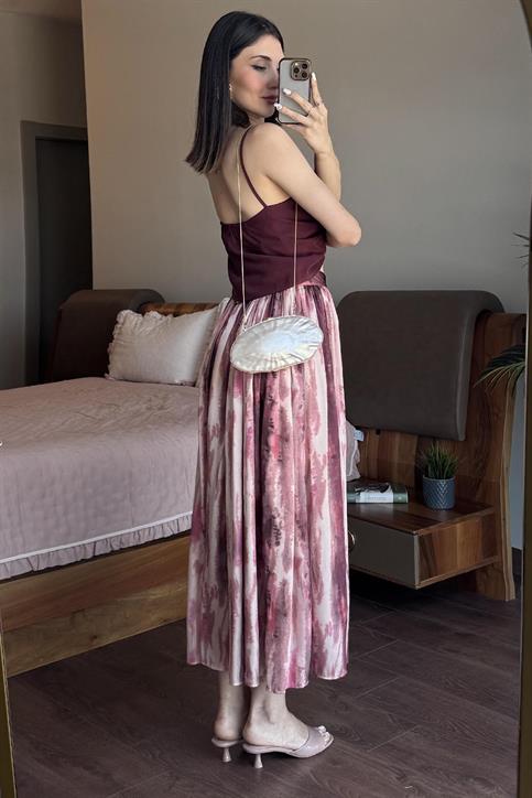 Bordo Batik Desen Midi Boy Saten Etek
