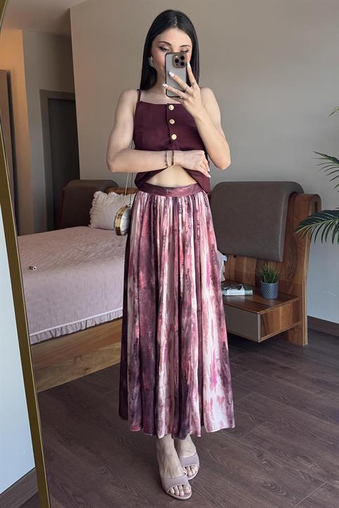 Bordo Batik Desen Midi Boy Saten Etek