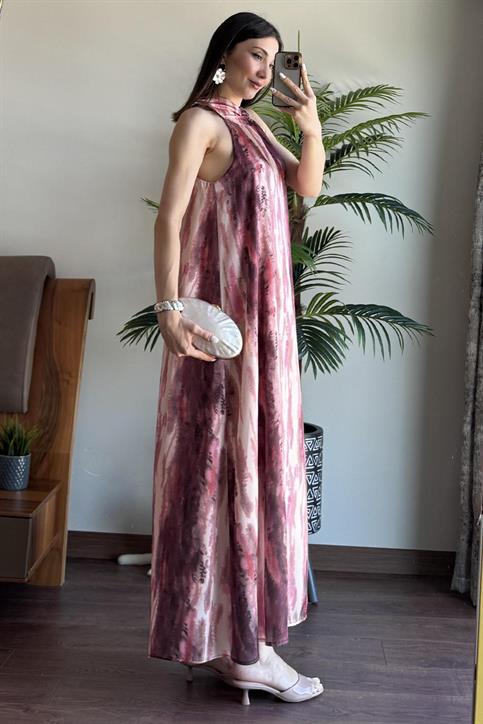 Bordo Batik Desenli Saten Elbise