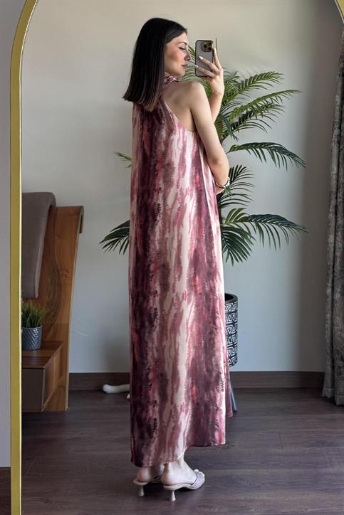Bordo Batik Desenli Saten Elbise