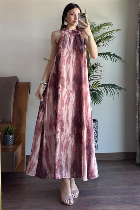 Bordo Batik Desenli Saten Elbise