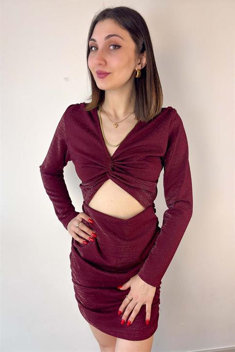 Bordo Bel Dekolteli Mini Elbise