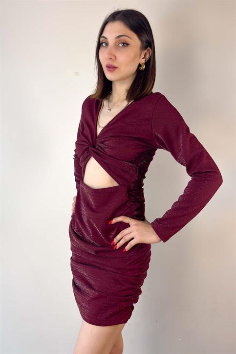 Bordo Bel Dekolteli Mini Elbise