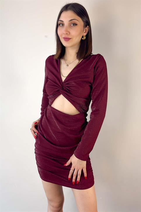 Bordo Bel Dekolteli Mini Elbise