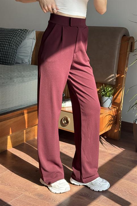 Bordo Beli Cırt Bantlı Likralı Palazzo Pantolon