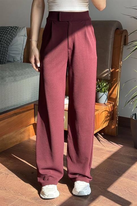 Bordo Beli Cırt Bantlı Likralı Palazzo Pantolon