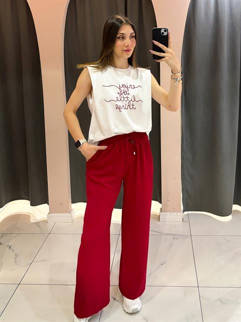 Bordo Beli Lastikli Bol Paça Pantolon