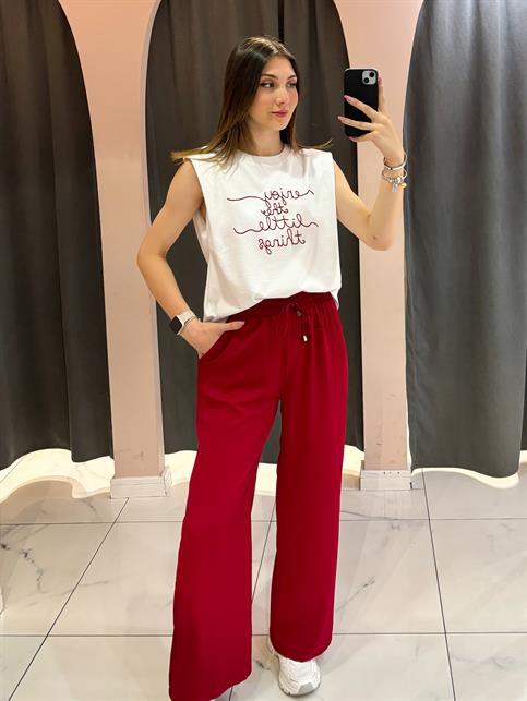 Bordo Beli Lastikli Bol Paça Pantolon