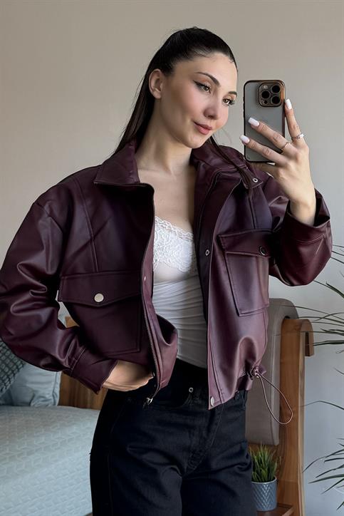 Bordo Beli Lastikli Boyfriend Deri Ceket