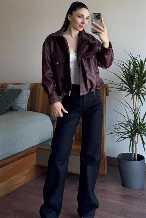 Bordo Beli Lastikli Boyfriend Deri Ceket