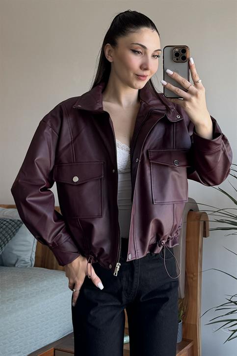 Bordo Beli Lastikli Boyfriend Deri Ceket
