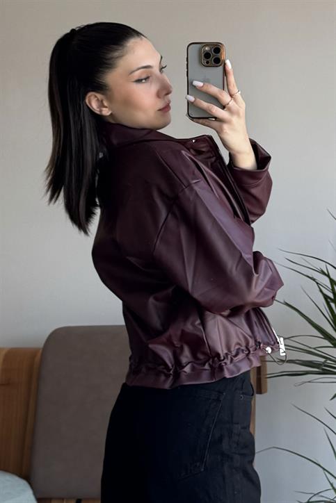 Bordo Beli Lastikli Boyfriend Deri Ceket