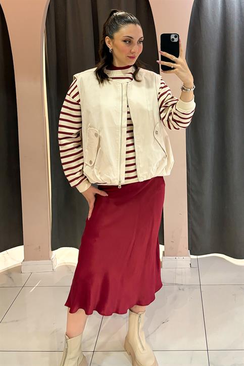 Bordo Beli Lastikli Saten Etek