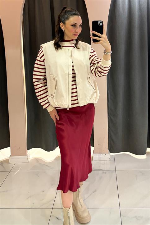 Bordo Beli Lastikli Saten Etek