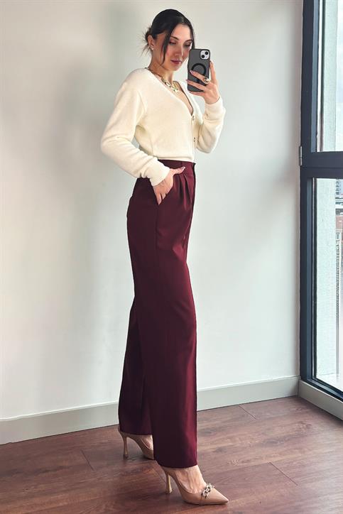 Bordo Beli Lastikli Tek Düğmeli Geniş Kesim Pantolon