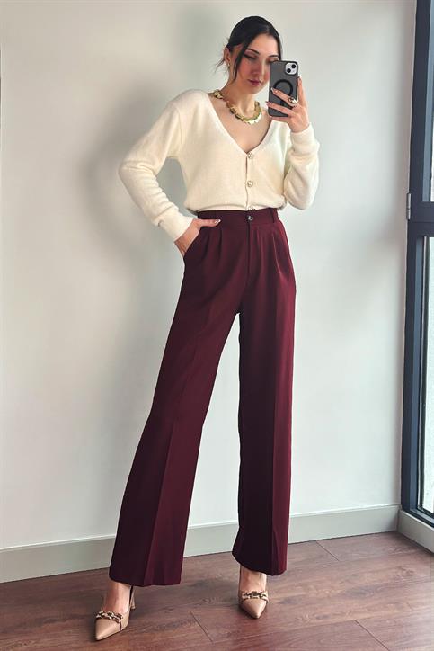 Bordo Beli Lastikli Tek Düğmeli Geniş Kesim Pantolon