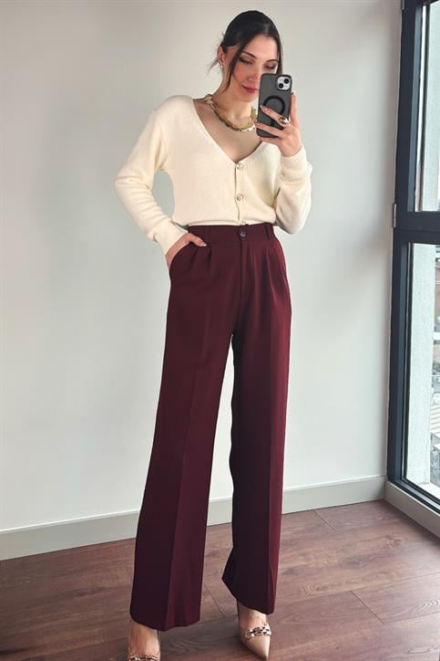 Bordo Beli Lastikli Tek Düğmeli Geniş Kesim Pantolon