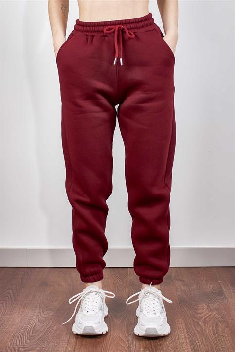 Bordo Beli Lastikli Üç İplik İçi Polarlı Jogger Eşofman Altı