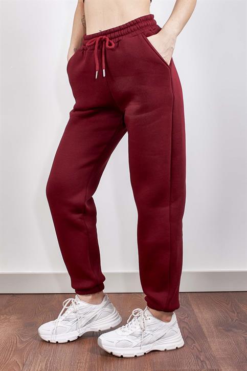 Bordo Beli Lastikli Üç İplik İçi Polarlı Jogger Eşofman Altı