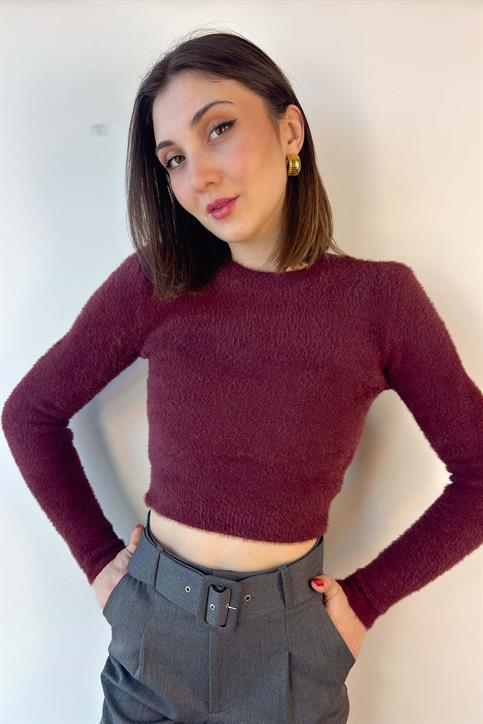 Bordo Bisiklet Yaka Yumoş Crop Kazak