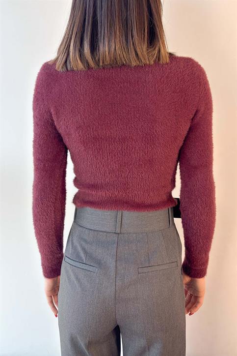 Bordo Bisiklet Yaka Yumoş Crop Kazak