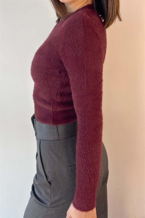 Bordo Bisiklet Yaka Yumoş Crop Kazak