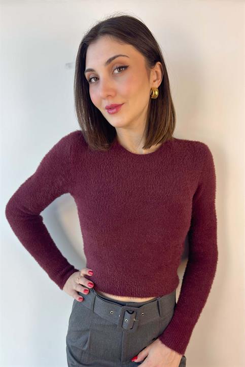 Bordo Bisiklet Yaka Yumoş Crop Kazak