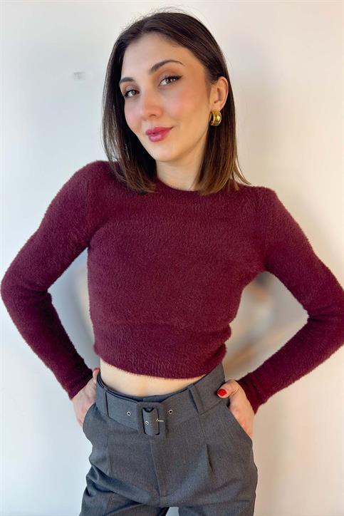 Bordo Bisiklet Yaka Yumoş Crop Kazak