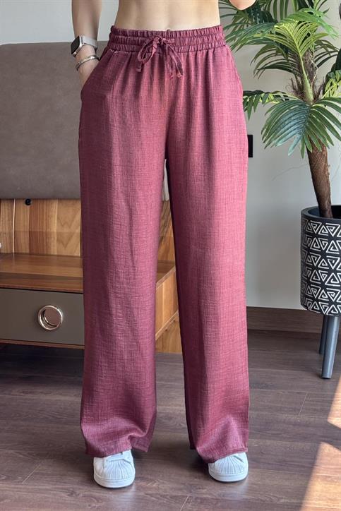 Bordo Bürümcük Kumaş Simli Palazzo Pantolon