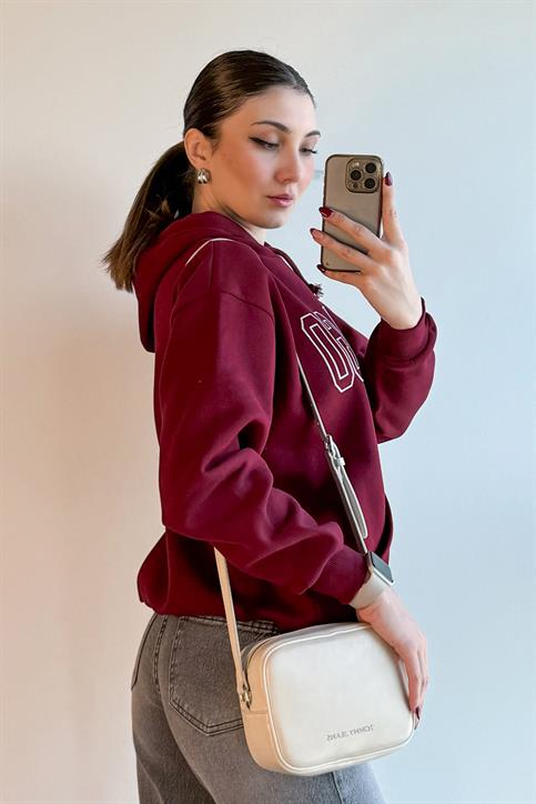 Bordo Chicago Baskılı Cepli Kapüşonlu Sweatshirt