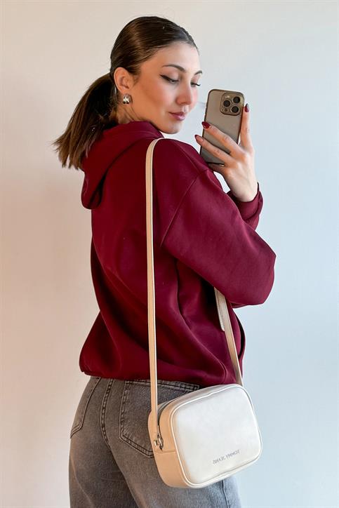 Bordo Chicago Baskılı Cepli Kapüşonlu Sweatshirt