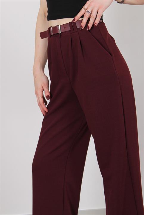 Bordo Çift Pile Detaylı Kemerli Örme Pantolon