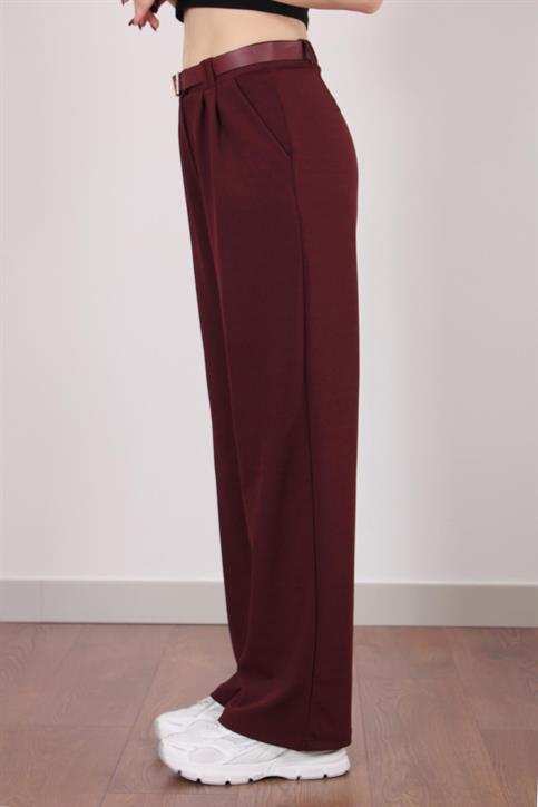 Bordo Çift Pile Detaylı Kemerli Örme Pantolon
