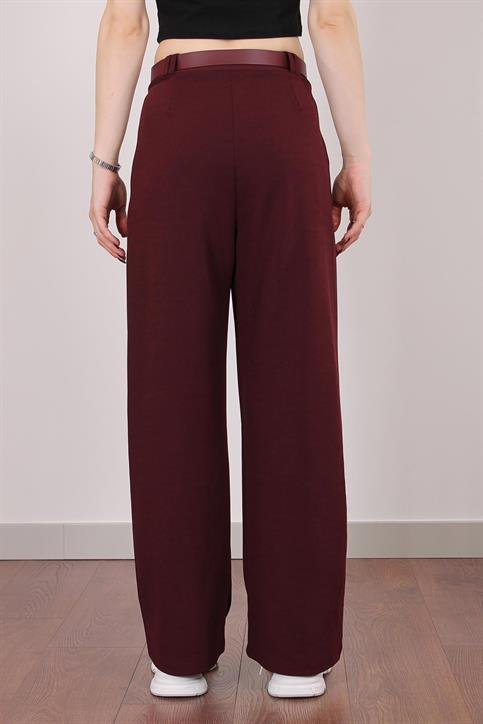 Bordo Çift Pile Detaylı Kemerli Örme Pantolon
