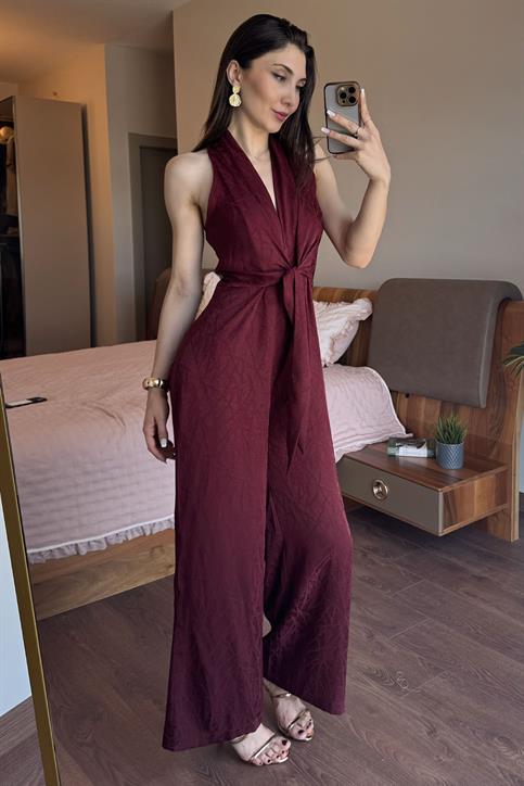 Bordo Çizgi Desenli Ön Bağlama Detaylı Tulum