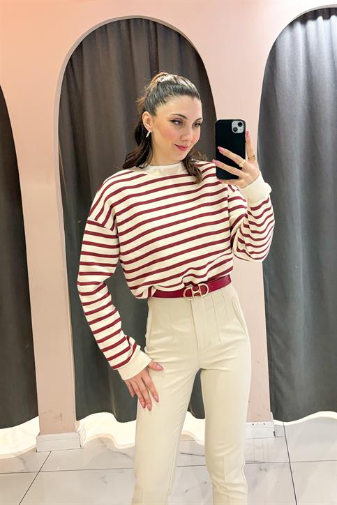 Bordo Çizgili Sweatshirt