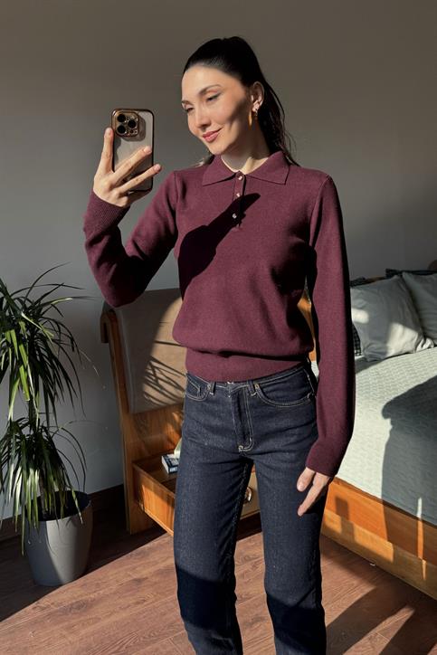 Bordo Clasi Polo Yaka Gold Düğmeli Triko Kazak
